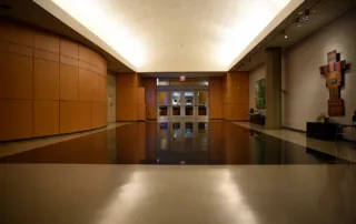 Elebash Recital Hall - Theater Rental in NYC. Lobby area for conference registration, breakfast, or post-event reception.