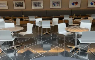 Dining Commons - Reception Space in NYC. Tables and chairs, bench, set up for informal reception.