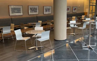 Dining Commons - Reception Space in NYC. Tables and chairs, bench, set up for informal reception.